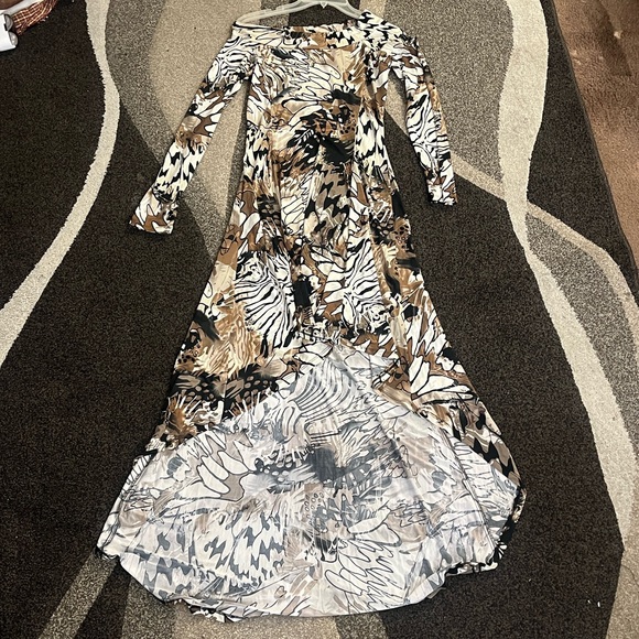 Sheer Abstract Print High Low Dress Brown Black Size M - Picture 4 of 6